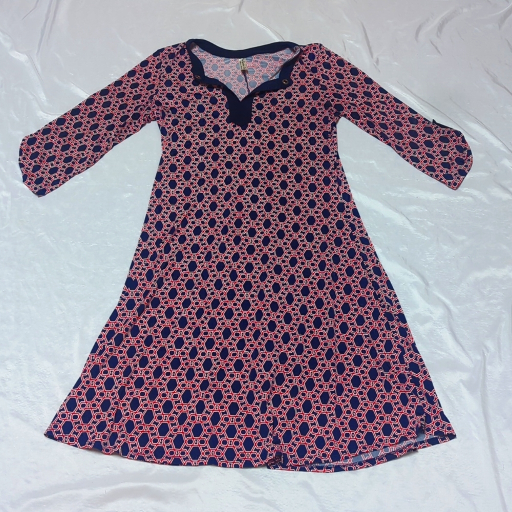 Navy & Red Geometric Tabbed Sleeve Midi‎ Length Stretch Shirt Dress